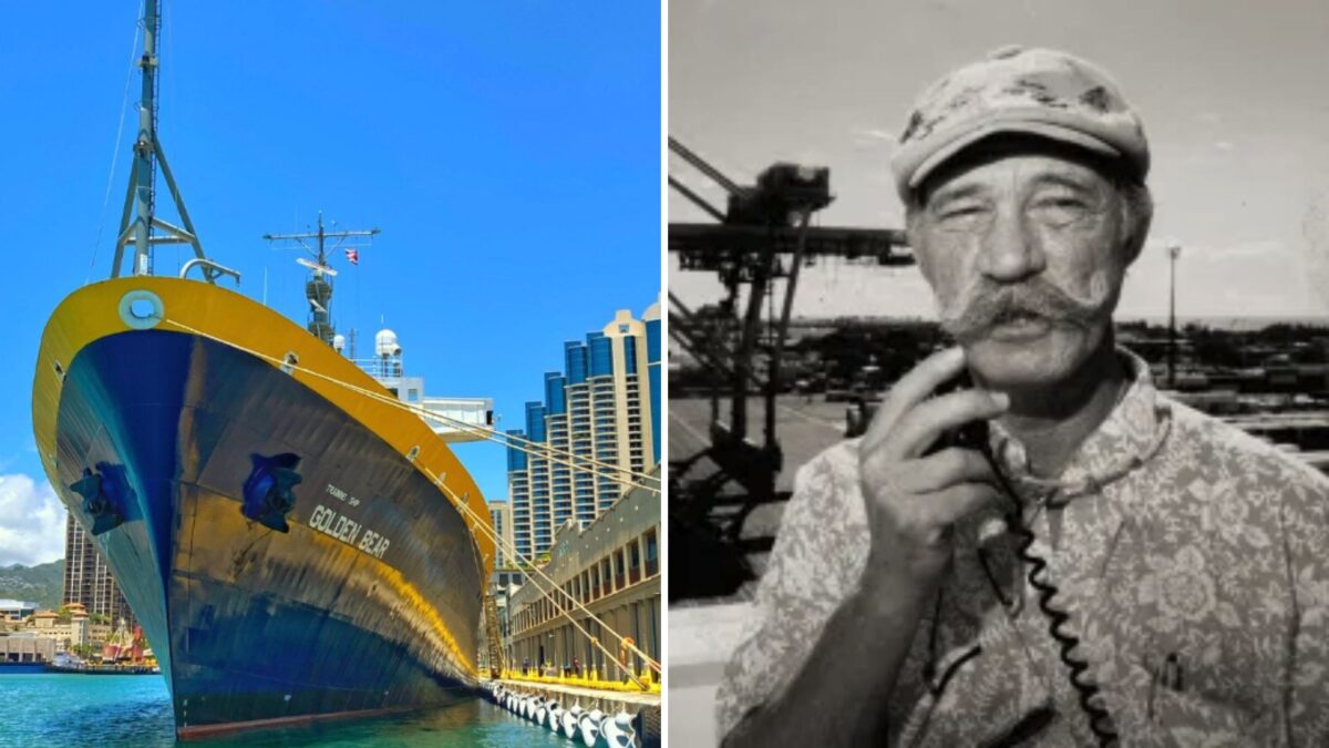 Boat parked out in front of city and Black and white photo of man